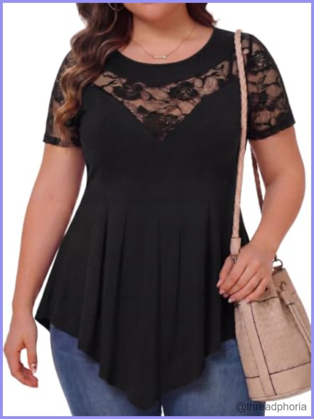 Plus Size Lace Tunic Top Short Sleeve Asymmetrical Hem Blouse